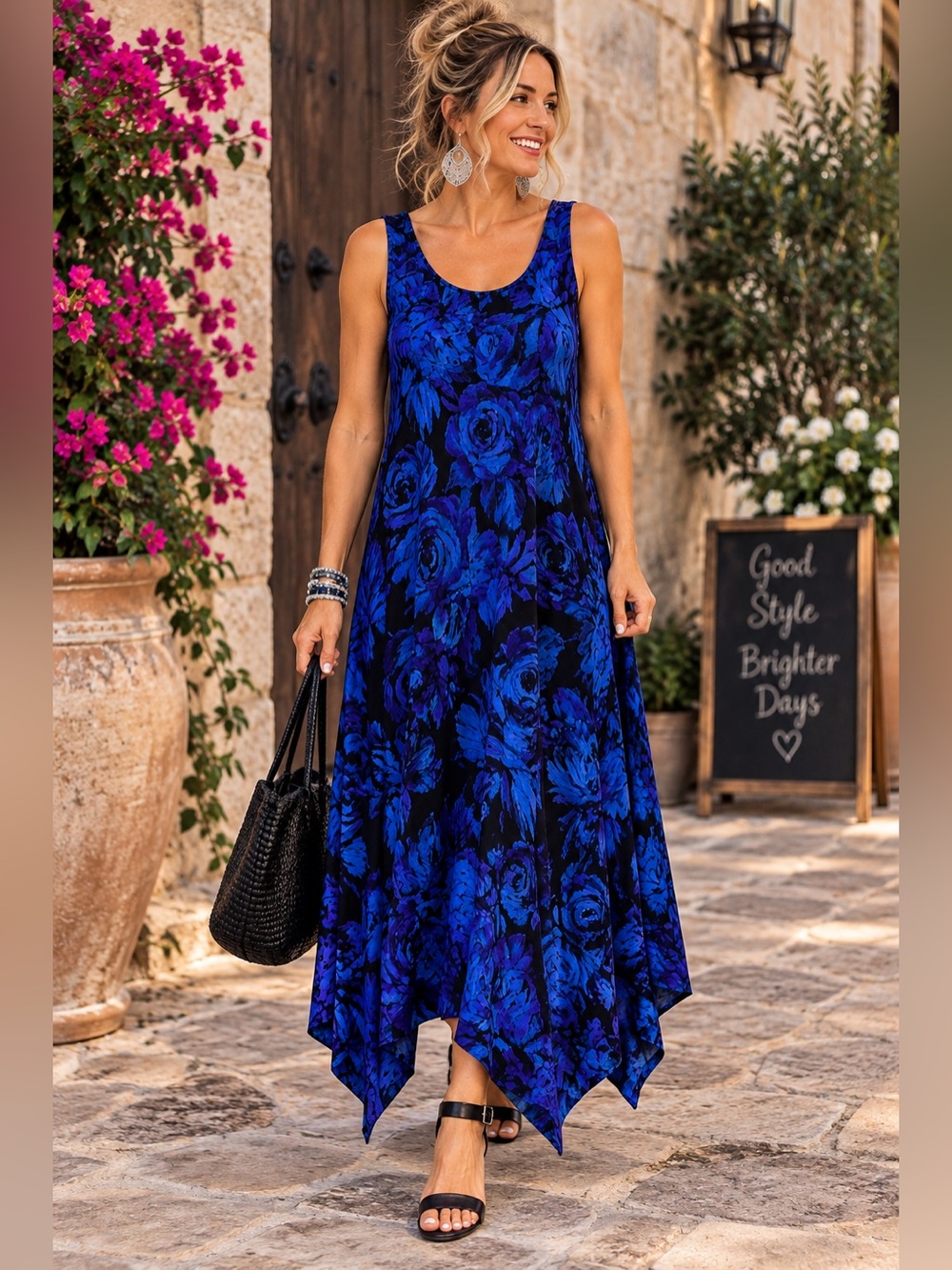 Simply Vera Vera Wang L Blue Floral Maxi Dress Handkerchief Hem Boho